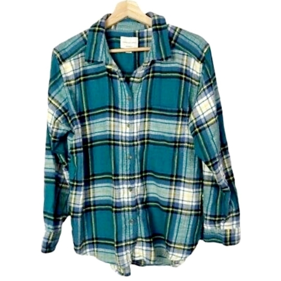 American Eagle AEO Teal Plaid Boyfriend Fit Button Down Flannel Women's Small S - Picture 6 of 11